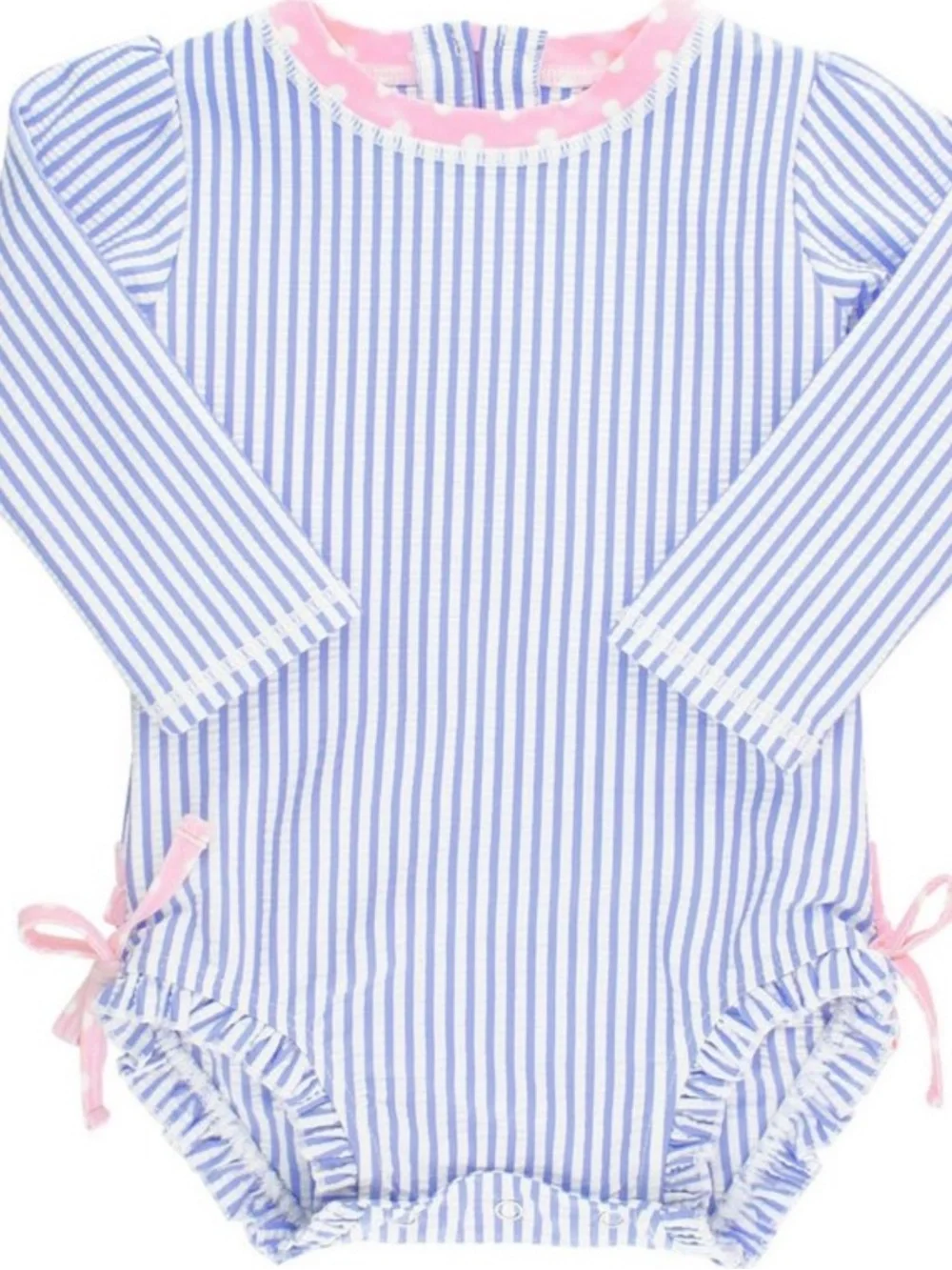 Ruffle Butts 12 - 18 Months Blue White Stripe Long Sleeve One Piece Pink Trim